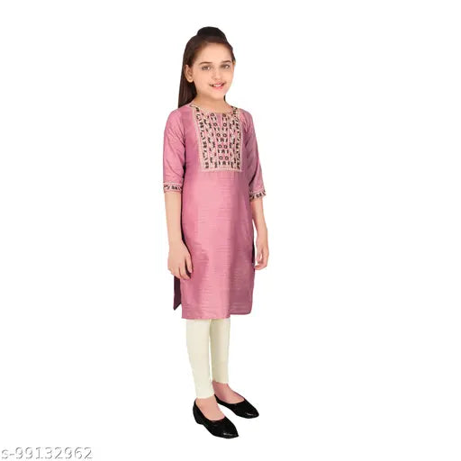 Embroidered Chanderi cotton kurti with leggings set, A-line shape, knee length, sizes 4-16 years, Indian origin