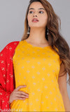 Yellow butterfly print rayon kurta set with red dupatta, Indian traditional wear for women