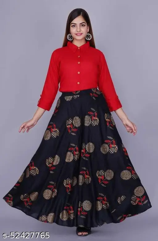 Trendy printed net skirt & solid top for women, three-quarter sleeves, party wear. Indian-made quality garment with beautiful print