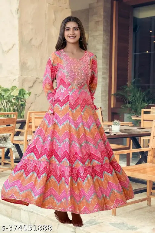 Rayon, heavy gold foil print Anarkali Kurta with three-quarter sleeves. Latest Indian women's fashion embroidery design." (120 characters)