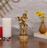Metal Krishna playing with flute decorative showpiece for temple and gifting, 8cm x 22cm x 22cm