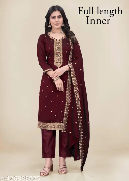 Vichita Silk Zari Embroidery Full Inner Kurta Pant and Dupatta Set, printed pattern, three-quarter sleeves, pocket in pants, Indian origin