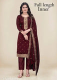 Vichita Silk Zari Embroidery Full Inner Kurta Pant and Dupatta Set, printed pattern, three-quarter sleeves, pocket in pants, Indian origin