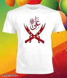 New printed polyester regular fit white T-shirt for men, Ya Ali Arbic Logo. Short sleeves, modern typography print. Comfortable and stylish." (109 characters)