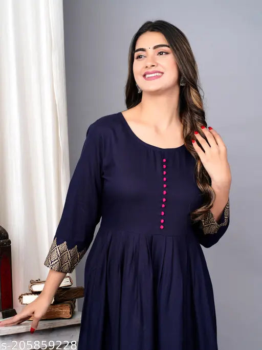 Rayon long-sleeve gold zari printed kurti for women, single size M (bust 38in), Indian ethnic fashion