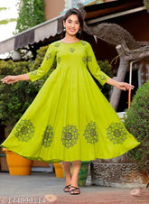 Green Rayon Hand Block Printed Long Flair Anarkali Kurti, exquisite Indian traditional wear with embroidery details and long sleeves