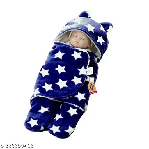 Aakriti Premium hooded star printed polyester baby blanket for 0-6 month babies, soft texture, classic design, free size (75 x 68 inches), Indian origin