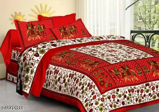 Trendy Jaipuri printed cotton double bed sheet, 2 pillow covers in 160 thread count, Queen size from India