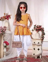 Yellow crepe dhoti and top, printed top on solid bottom, 3-4 years, Indian traditional wear for kids