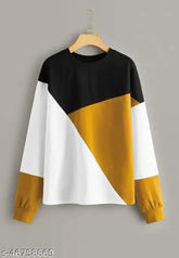 Women's cotton blend round neck solid t-shirt in white, yellow, and black. Softest combed cotton for women's comfort, long sleeves, size chart included