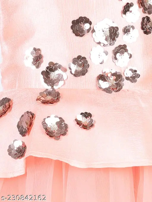 Peach net sleeveless party gown for kids, embellished toy balloon design, size 1-2 years origin India