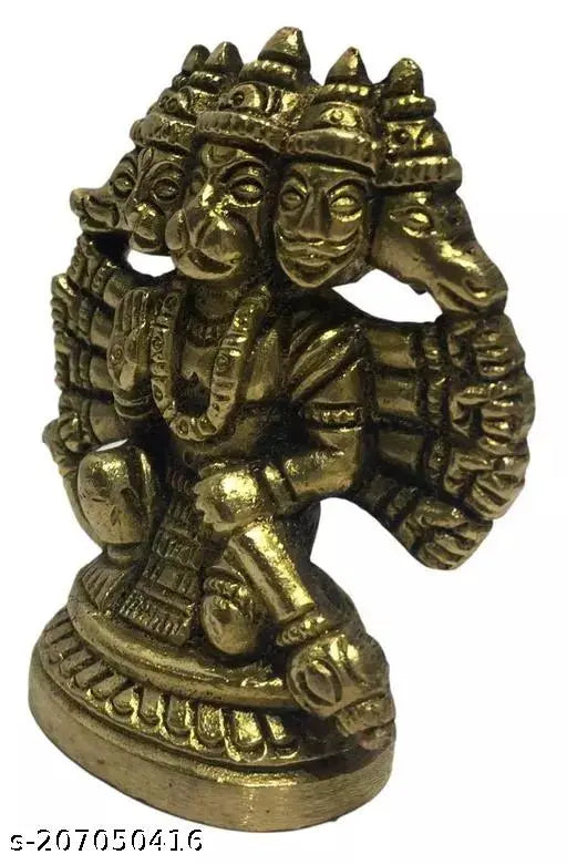 Brass Panchamukha Hanuman statue, Indian god idol kneeling in Ashirvad posture