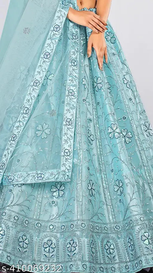 Sky Blue Embroidered Lehenga Set with Blouse and Dupatta - Indian fashion on model, free size, net fabric