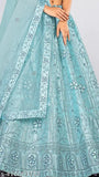 Sky Blue Embroidered Lehenga Set with Blouse and Dupatta - Indian fashion on model, free size, net fabric