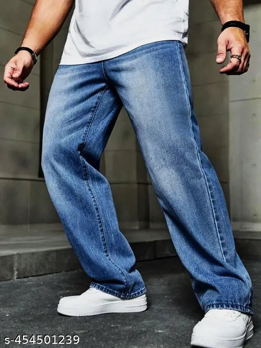 Mens Visker denim jeans, solid baggy style with loose fit and vintage inspiration. Size 28 (waist 28in, length 42in, hip 38in), also available in sizes 30, 32, 34. Made in India