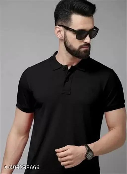 Black cotton blend polo t-shirt with stylish collar neck, suitable for men and women. Solid design on short sleeves t-shirt, available in sizes M, L, XL, XXL