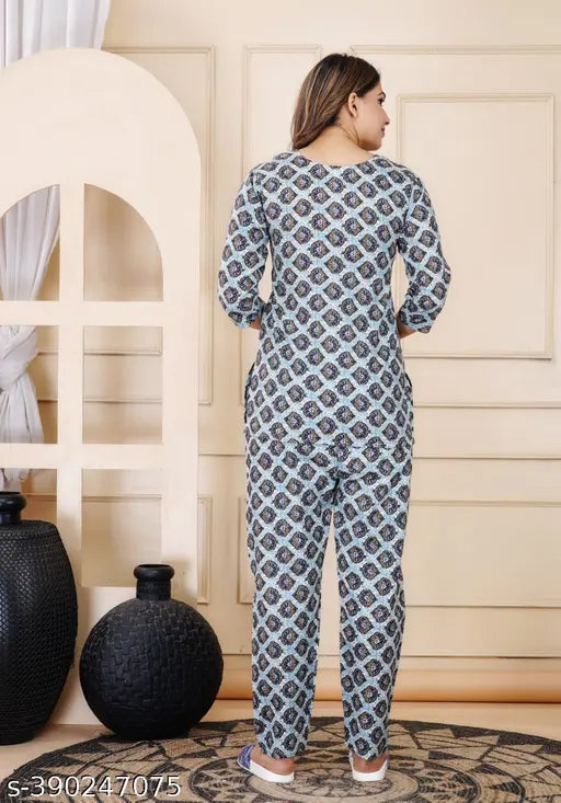 Yashvi Pure Rayon Printed Night Suit Top and Pyjama Coord Sets - Comfortable, floral print rayon nightwear set from KIYA FASHION, made for sleep and style in India