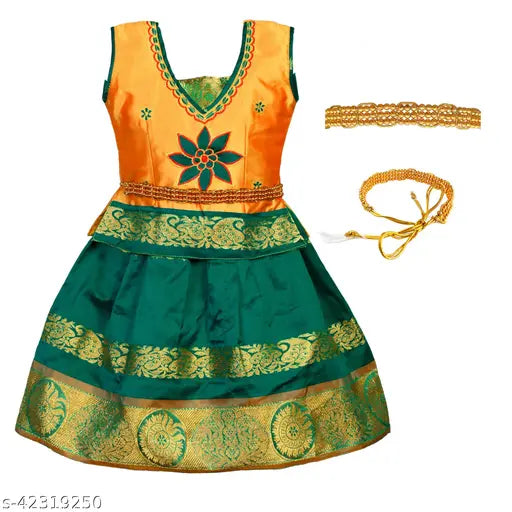 Brand New, embellished Art Silk Senbaga Pavadai Lehenga Choli with waist belt, available in various sizes and colors, originating from India