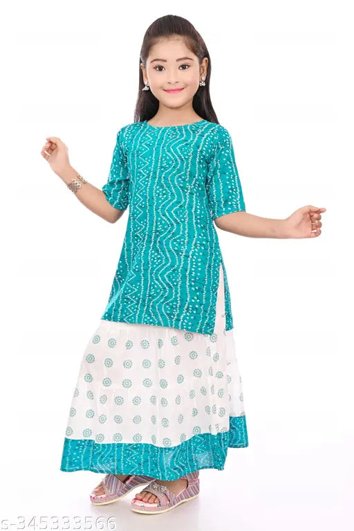 Sea green ethnic Jaipuri printed rayon kurti & skirt set, comfortable for casual or office wear at home