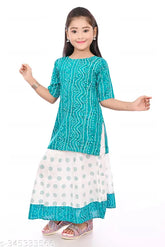 Sea green ethnic Jaipuri print rayon kurta & skirt set, comfortable and stylish for women's casual or office wear