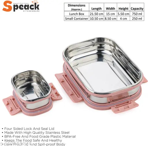 Stainless steel pink lunchbox for school, collage, office - airtight & leak-proof, microoven safe