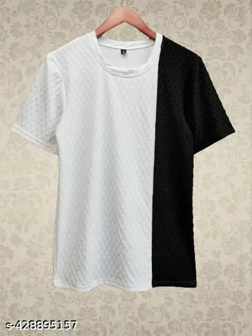 White and black Lycra colorblocked T-shirt for men, short sleeves, trending fashion for parties and casual wear