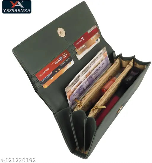 Faux leather two-fold hand wallet clutch in solid color, 6 card slots, free size (9x4in), YESBENZA women's and girls unique trendy accessory