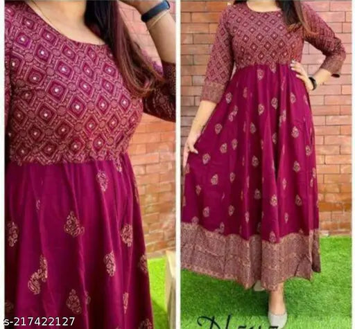 Pink rayon printed anarkali dress, three-quarter sleeves, feminine and ethnic wear