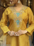 Embroidered chanderi viscose kurti pant dupatta set, solid color, three-quarter sleeves. Indian handcrafted traditional wear in pack of 3 sizes