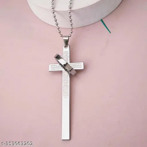 Silver Men's Cross Pendant Ornament for Car or Wall, Christian Crucifix and Bible Prayer design, handcrafted in stainless steel