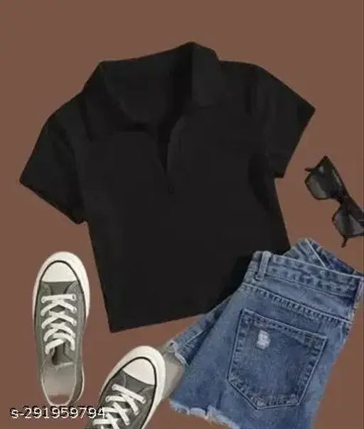 Collar crop t-shirt, 70% cotton, 30% polyester, solid color, short sleeves, ribbed, skin-friendly, women's fashion, XS-L sizes, India origin