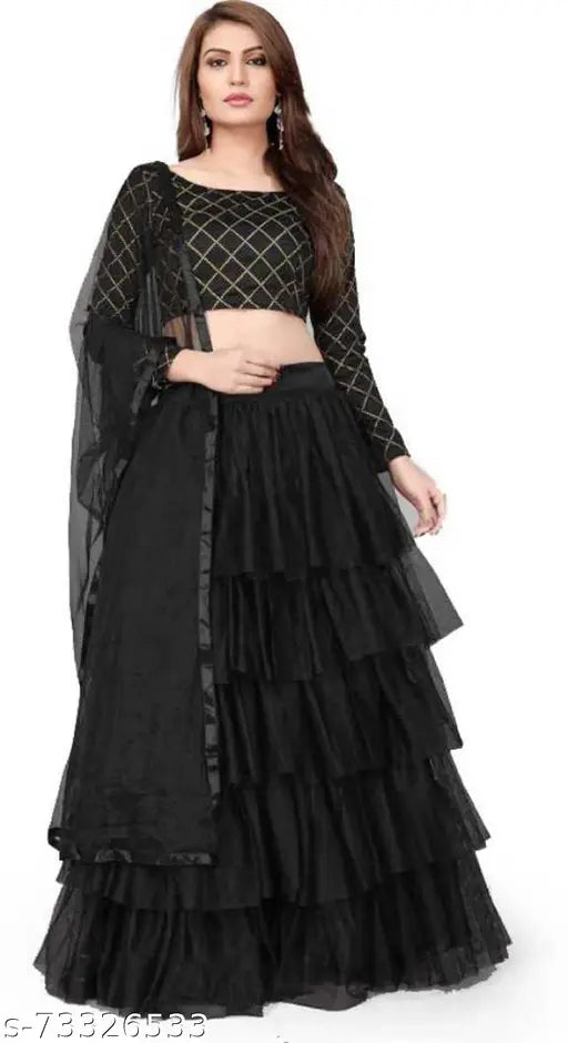 Embroidered satin lehenga-choli with net dupatta, featuring checked patterns and applique details. High-quality Indian bridal wear for free size, 42 waist, 44 length, 2.05m dupatta