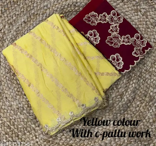 Golden Georgette Partywear Leheriya Saree with Zari Embroidery, India