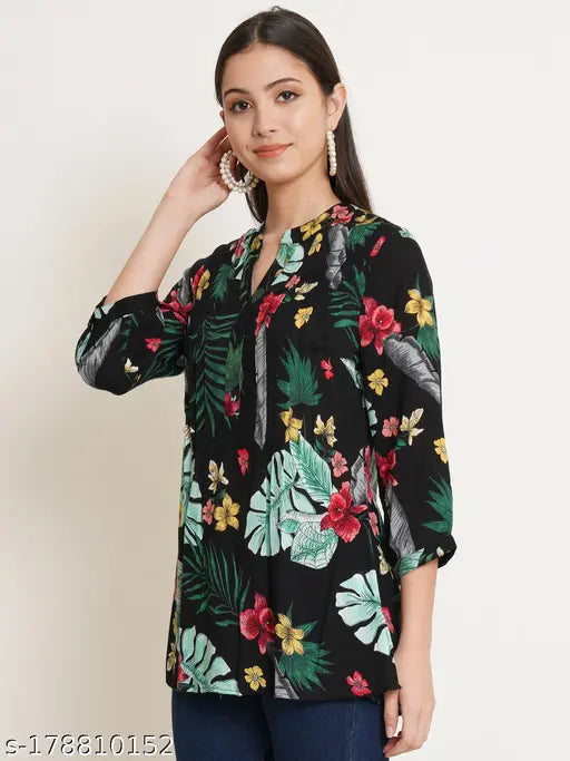 Black Viscose Rayon longline top, women's mandarin collar pintucked design with leaf print, plus sizes available