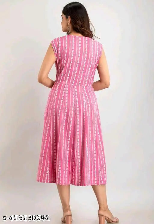 Rayon sleeveless printed Anarkali kurta for women, trendy Indian fashion on mannequin