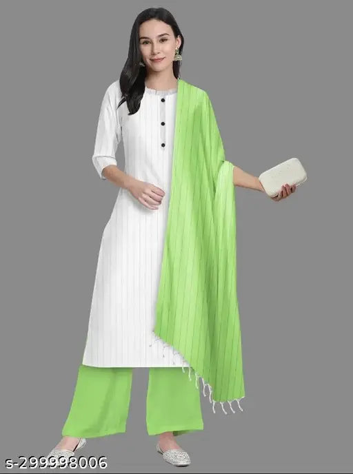 White cotton kurta & green palazzo set with dupatta for women - Indian handloom, comfortable fashion