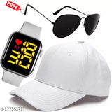 Stylish square LED & black capsunglass summer combo, fashionable digital watch for boys. Three-piece set with self-design pattern, cotton material, India origin