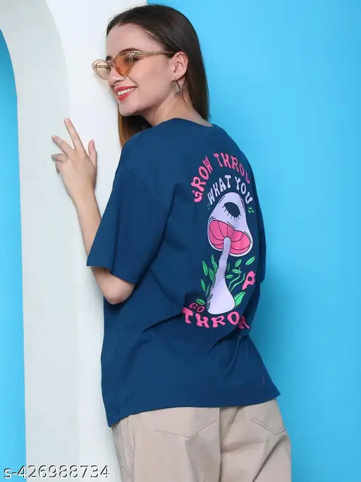 Women's cotton printed loose oversize t-shirt, long sleeves, size S (40in bust, 26in length) - fashionable casual wear