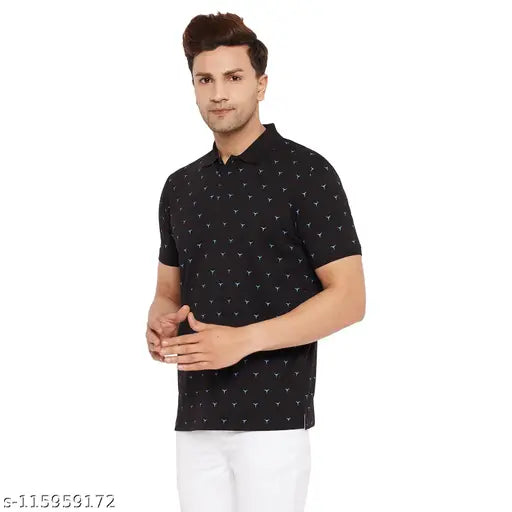 Black cotton-blend polo collar half-sleeve t-shirt for men, wild west print, stylish and trendy