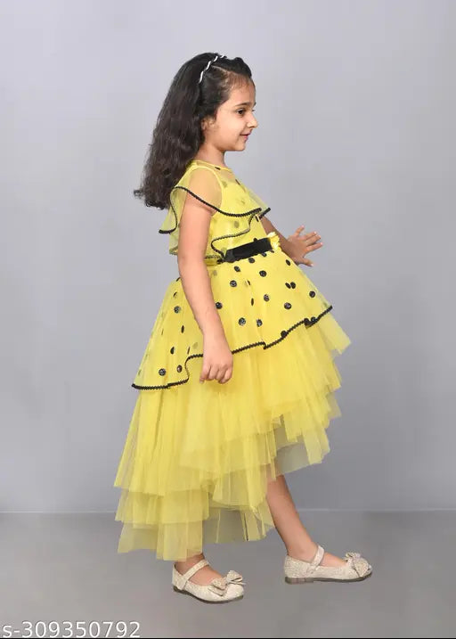 Yellow layered hi-low party dress for girls, embellished net fabric, short sleeves, 9-10 years size