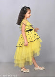 Yellow layered hi-low party dress for girls, embellished net fabric, short sleeves, 9-10 years size