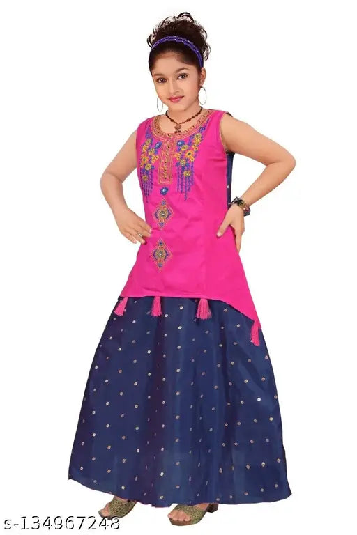 Blue satin maxi dress with traditional computer embroidery for girls, India origin