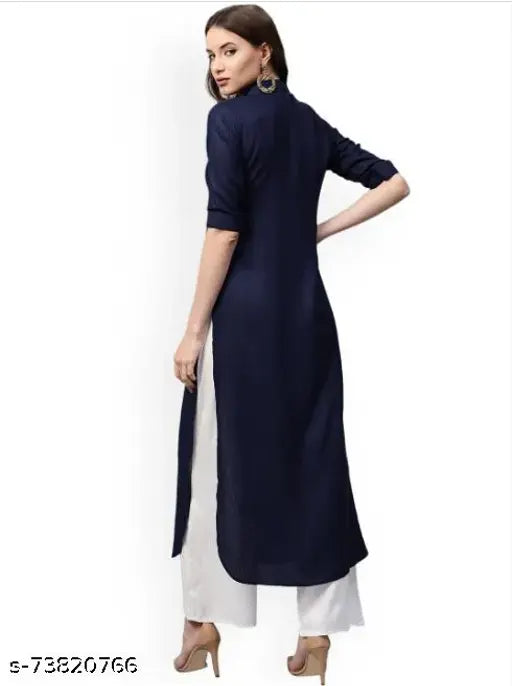 Navy blue rayon kurta with short sleeves, shirt collar, curved hem, side slits & white palazzo with elastic waistband & pocket – Indian ethnic wear