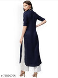 Navy blue rayon kurta with short sleeves, shirt collar, curved hem, side slits & white palazzo with elastic waistband & pocket – Indian ethnic wear