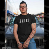 Black Amiri cotton typography tee, printed half sleeves, round neck, daily wear. Ethical Indian-made graphic print unisex tee for party or casual occasions