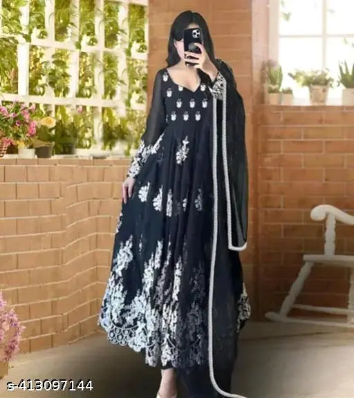 Embroidered Georgette Anarkali gown with dupatta, Indian women's formal wear made from embroidered net fabric, available in sizes S-XXXL