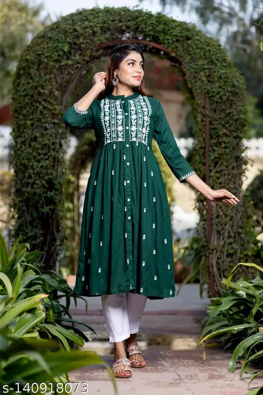 Green rayon embroidered kurti for women, three-quarter sleeves, S-XXXL sizes available. Indian printed long kurti for women, stylish and affordable