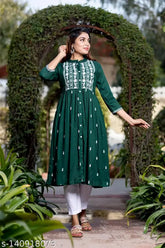 Green rayon embroidered kurti for women, three-quarter sleeves, S-XXXL sizes available. Indian printed long kurti for women, stylish and affordable