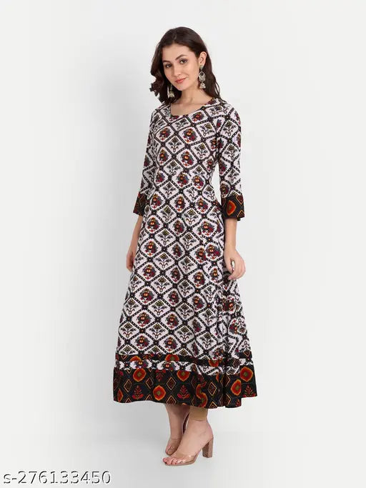 Rayon designer handwork gown, printed combo, three-quarter sleeves, Indian-origin maxi dress