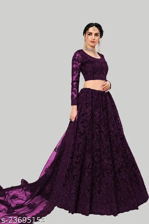 Embroidered satin choli and net dupatta set, Md9105WINE Indian traditional semi-stitched lehenga with embellished details